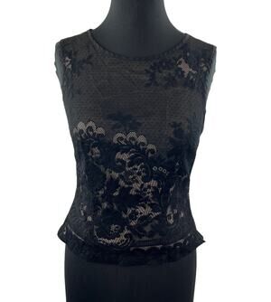 Vintage RUMOURS Black Lace Overlay Sleeveless Round Neck Elegant Top Blouse S?